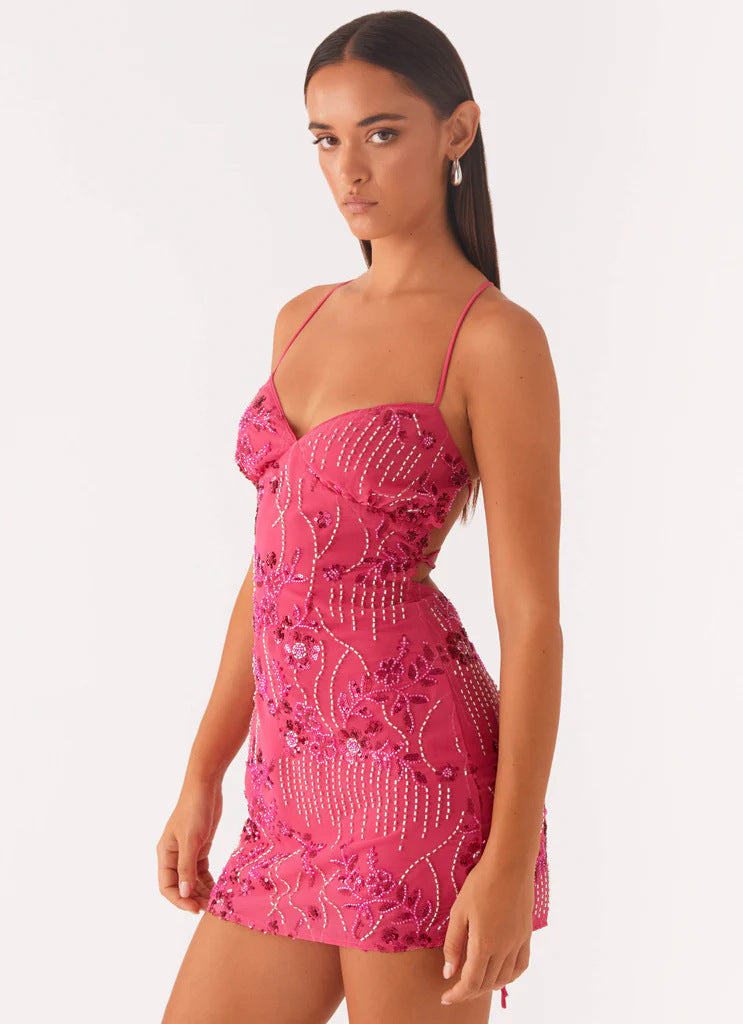 Women's Sequined Embroidered Backless Sling Dress - LOLIBELLE