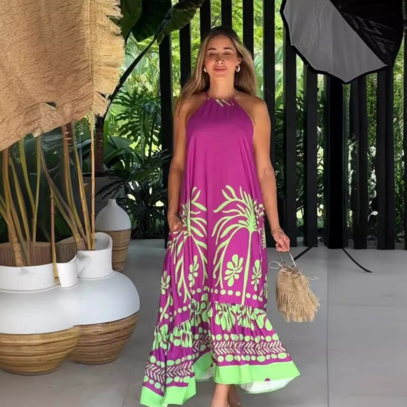 Floral Print Sleeveless Loose Halter Dress