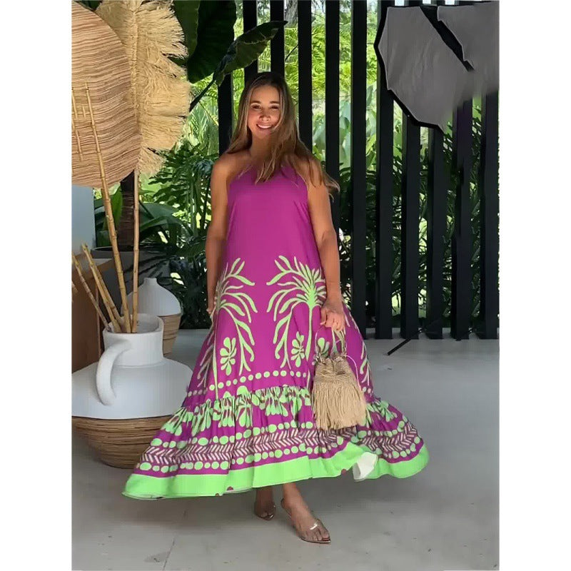 Floral Print Sleeveless Loose Halter Dress