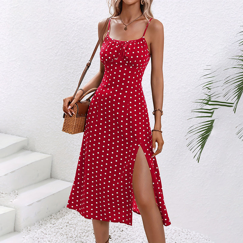 Women's Summer Casual Boho Sundress Polka Dot Sleeveless Spaghetti Strap Backless Side Slit Dresses