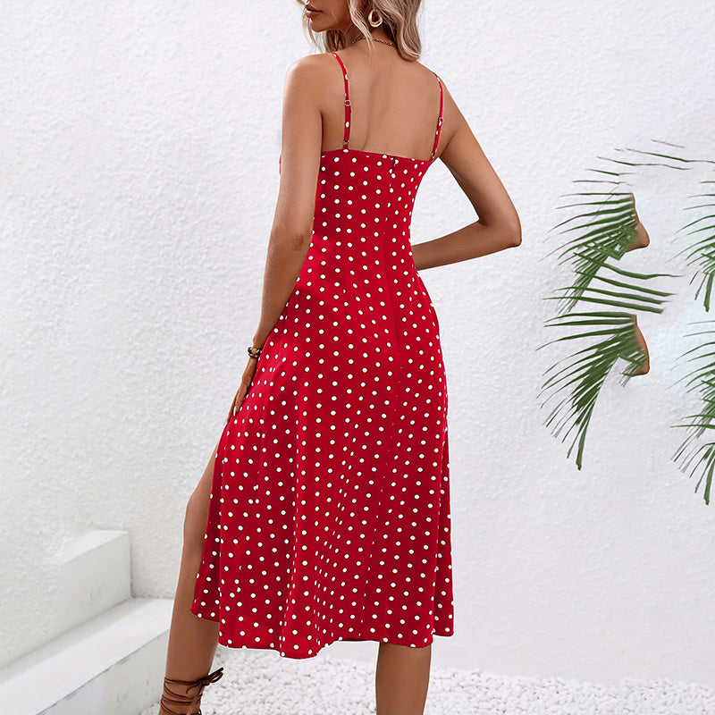 Women's Summer Casual Boho Sundress Polka Dot Sleeveless Spaghetti Strap Backless Side Slit Dresses